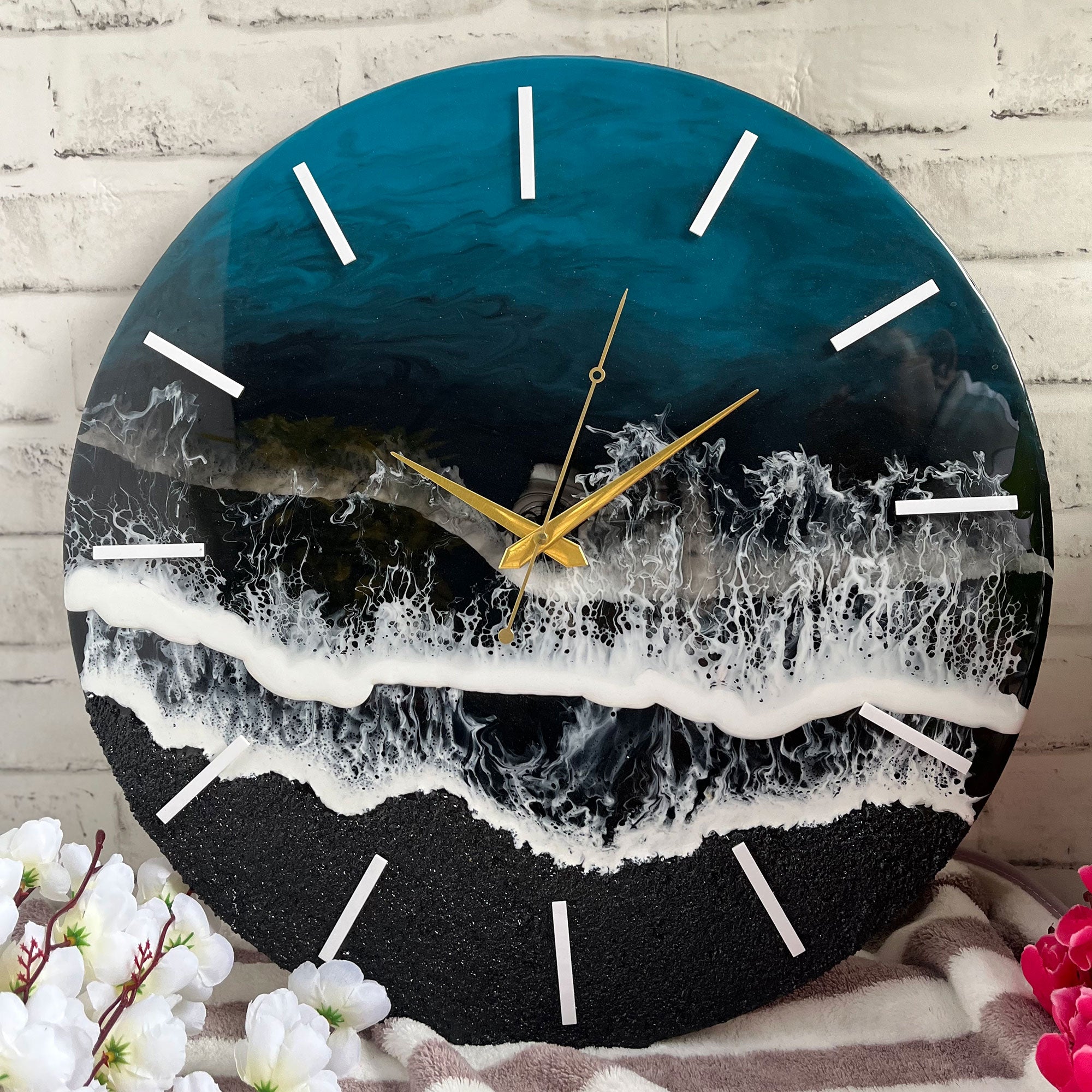 Black & Blue Ocean Waves Epoxy Resin Wall Clock