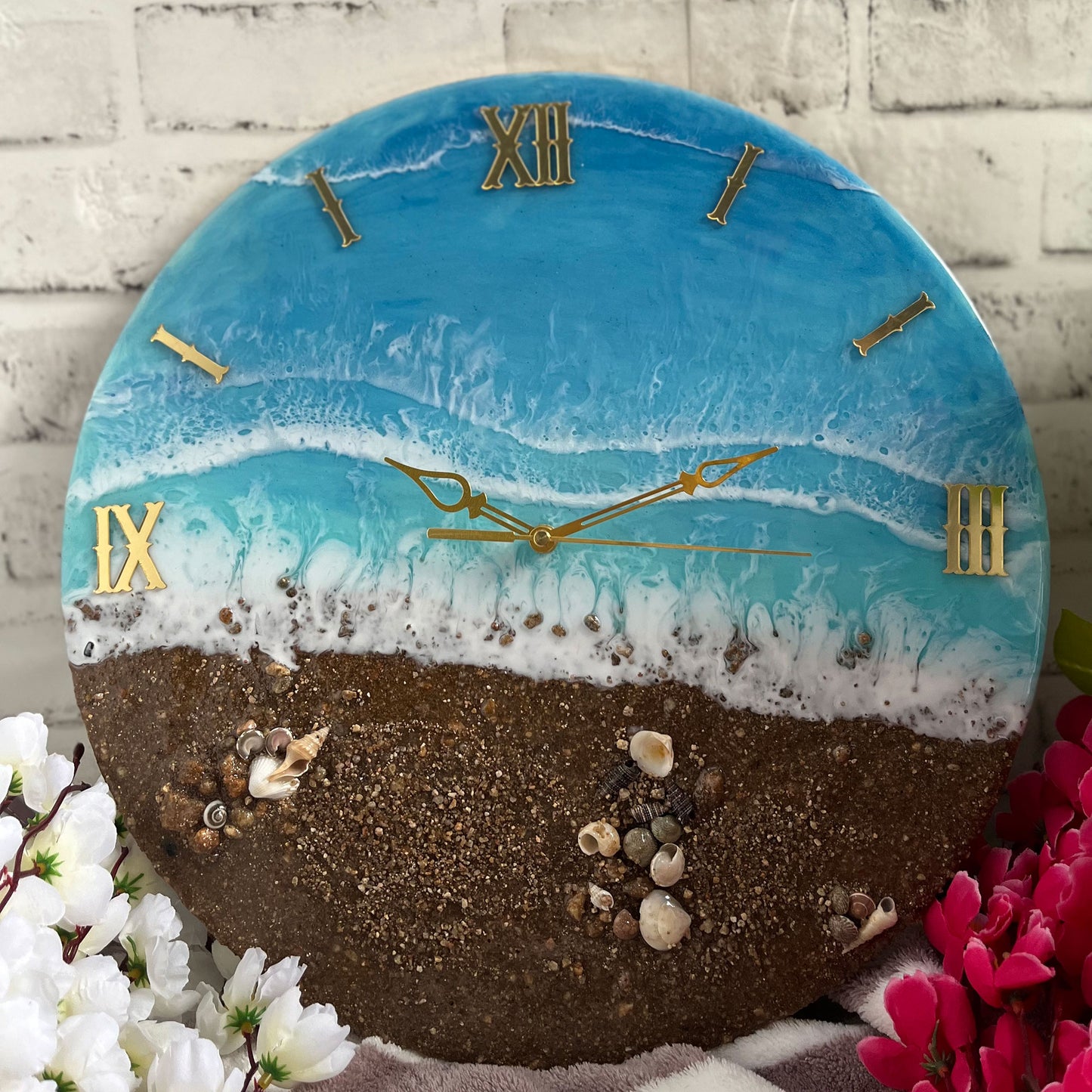 Brown Beach With Waves Epoxy Resin Wall Clock