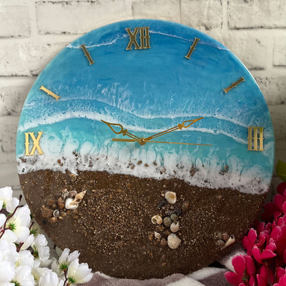 Brown Beach With Waves Epoxy Resin Wall Clock