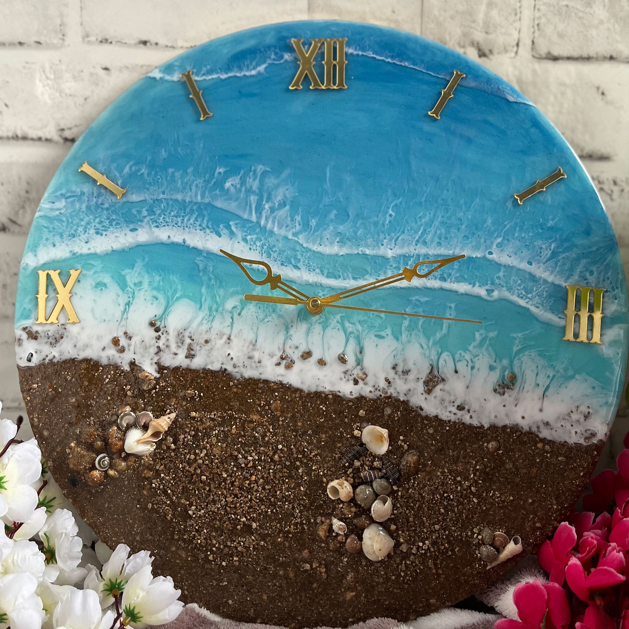 Brown Beach With Waves Epoxy Resin Wall Clock