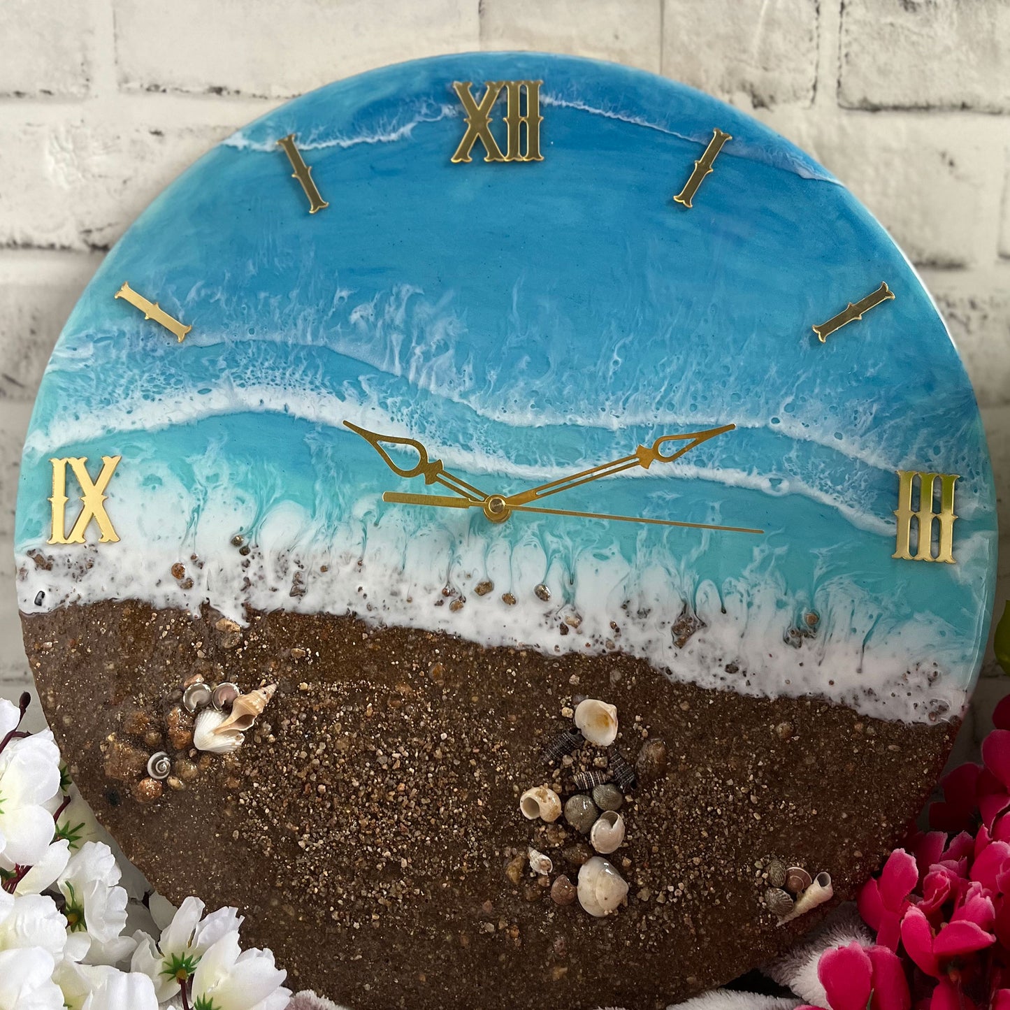 Brown Beach With Waves Epoxy Resin Wall Clock