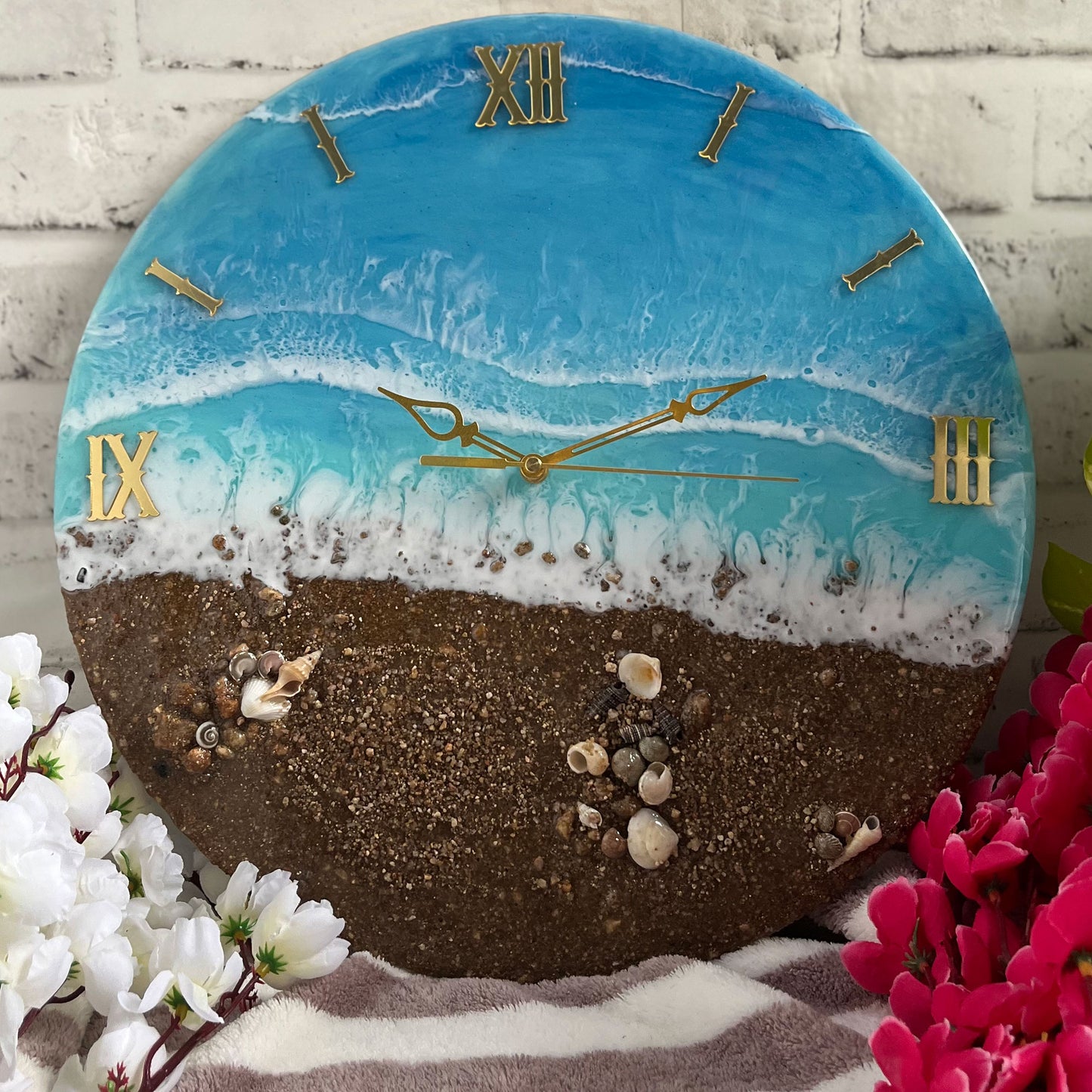 Brown Beach With Waves Epoxy Resin Wall Clock