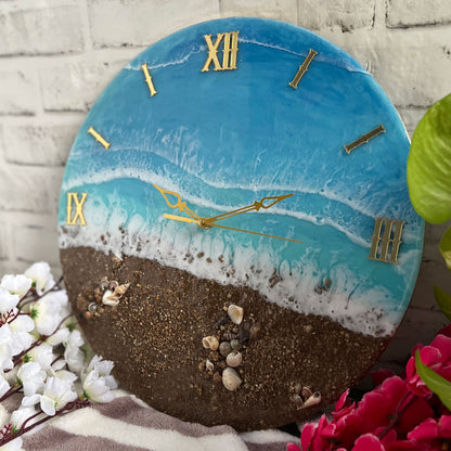 Brown Beach With Waves Epoxy Resin Wall Clock