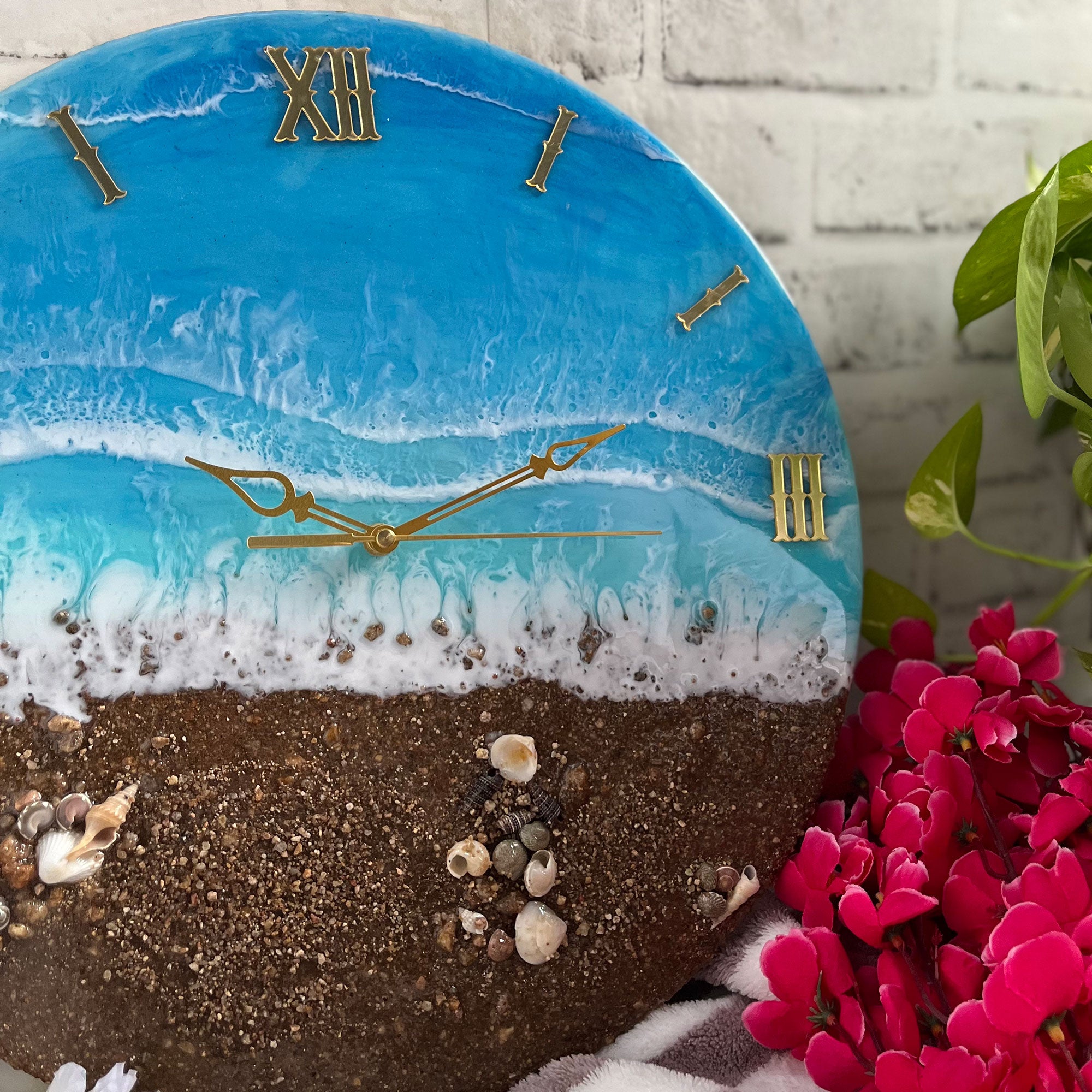 Brown Beach With Waves Epoxy Resin Wall Clock