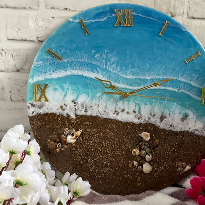 Brown Beach With Waves Epoxy Resin Wall Clock