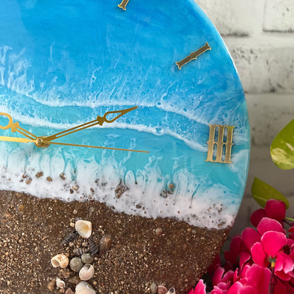 Brown Beach With Waves Epoxy Resin Wall Clock