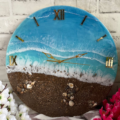 Brown Beach With Waves Epoxy Resin Wall Clock