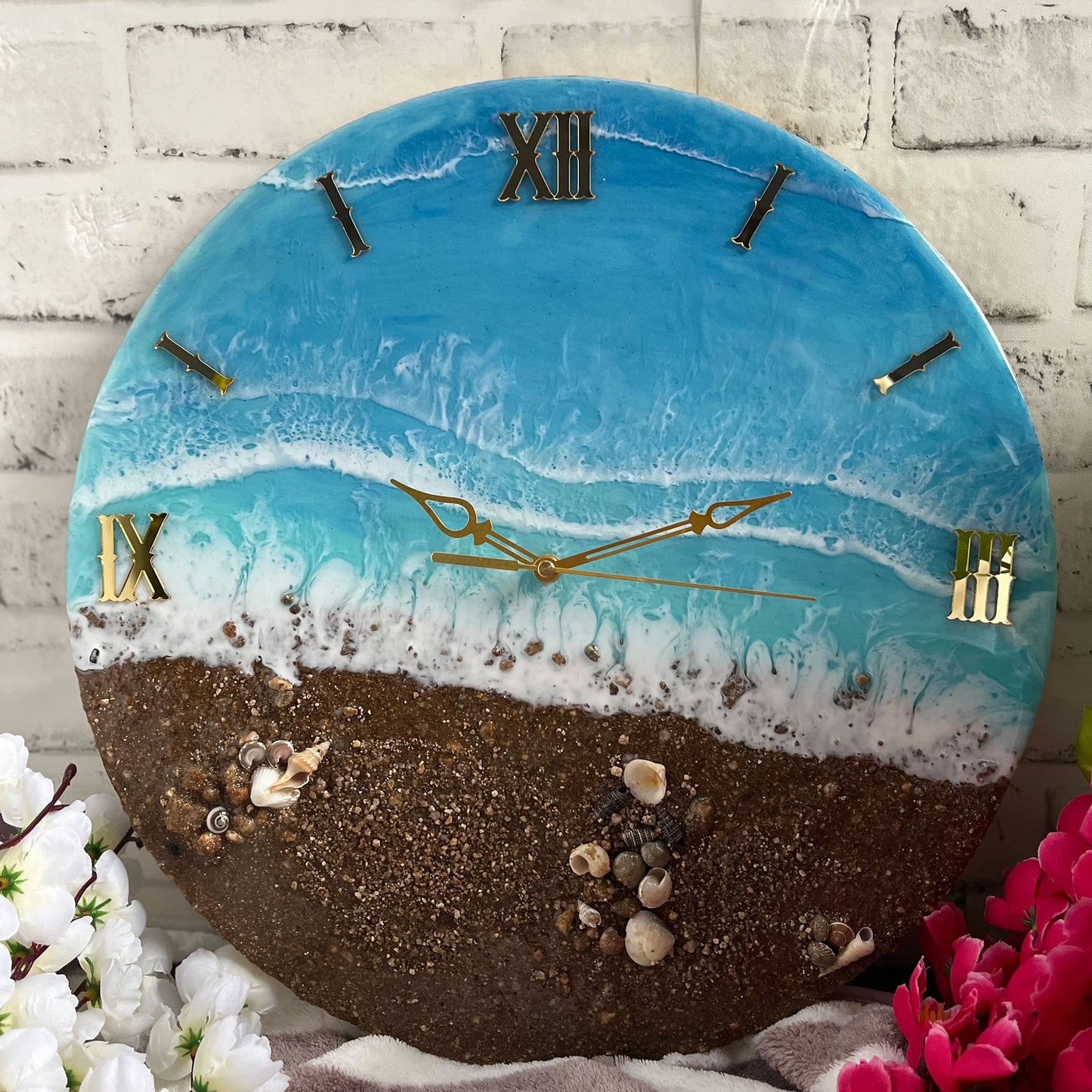 Brown Beach With Waves Epoxy Resin Wall Clock