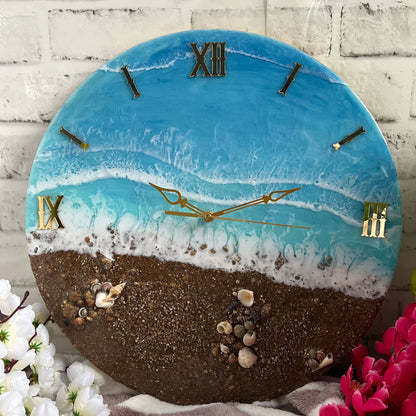 Brown Beach With Waves Epoxy Resin Wall Clock