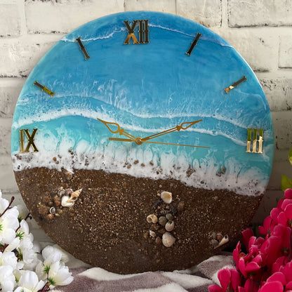 Brown Beach With Waves Epoxy Resin Wall Clock