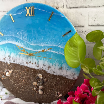 Brown Beach With Waves Epoxy Resin Wall Clock