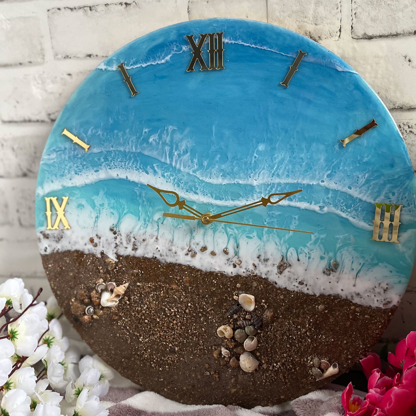Brown Beach With Waves Epoxy Resin Wall Clock