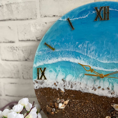 Brown Beach With Waves Epoxy Resin Wall Clock