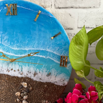 Brown Beach With Waves Epoxy Resin Wall Clock