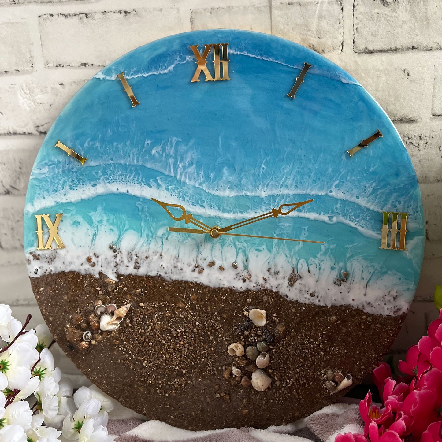 Brown Beach With Waves Epoxy Resin Wall Clock