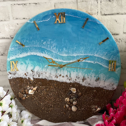 Brown Beach With Waves Epoxy Resin Wall Clock