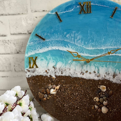 Brown Beach With Waves Epoxy Resin Wall Clock