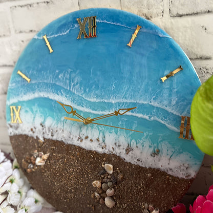 Brown Beach With Waves Epoxy Resin Wall Clock