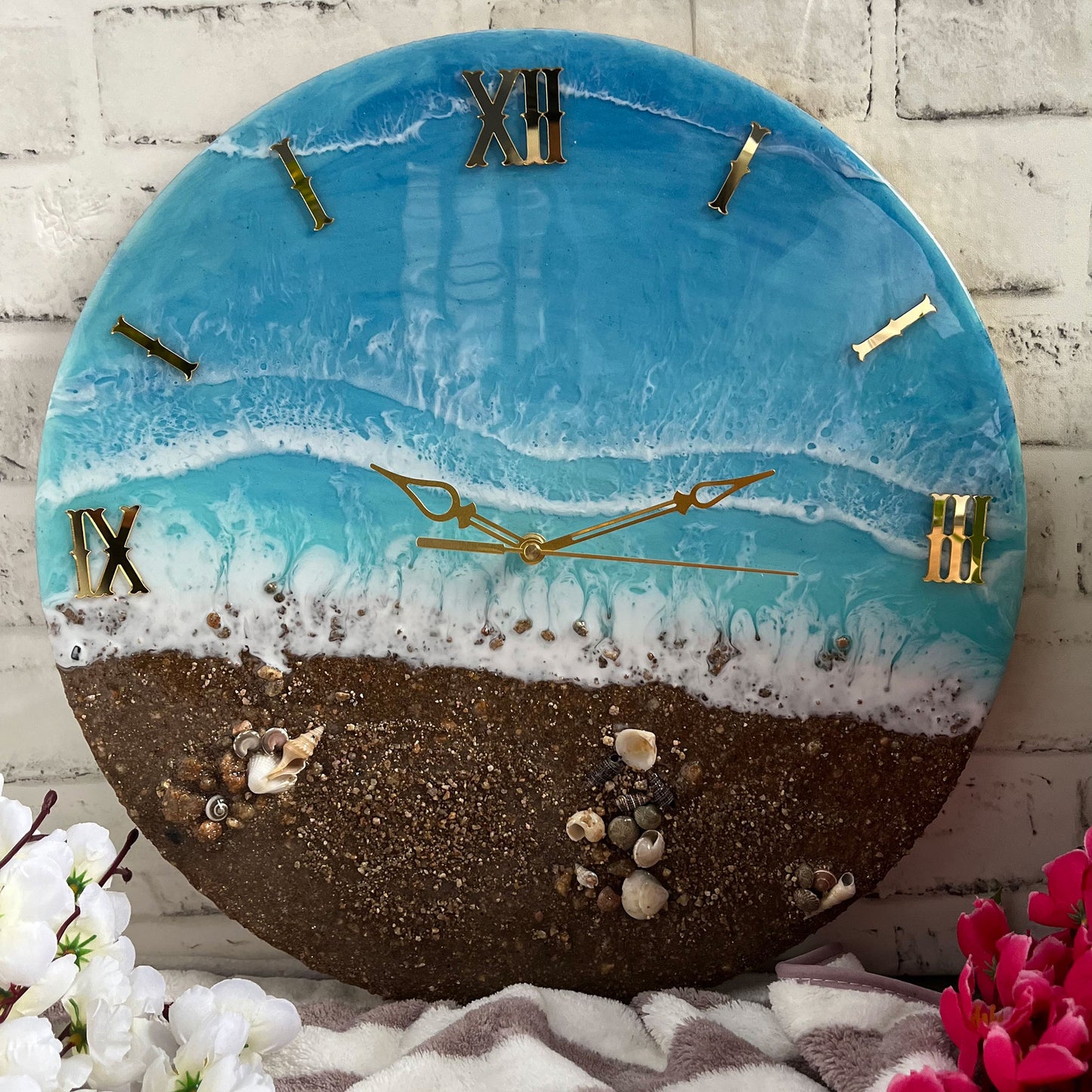 Brown Beach With Waves Epoxy Resin Wall Clock