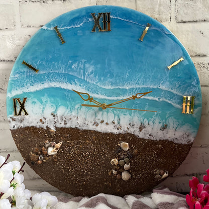 Brown Beach With Waves Epoxy Resin Wall Clock